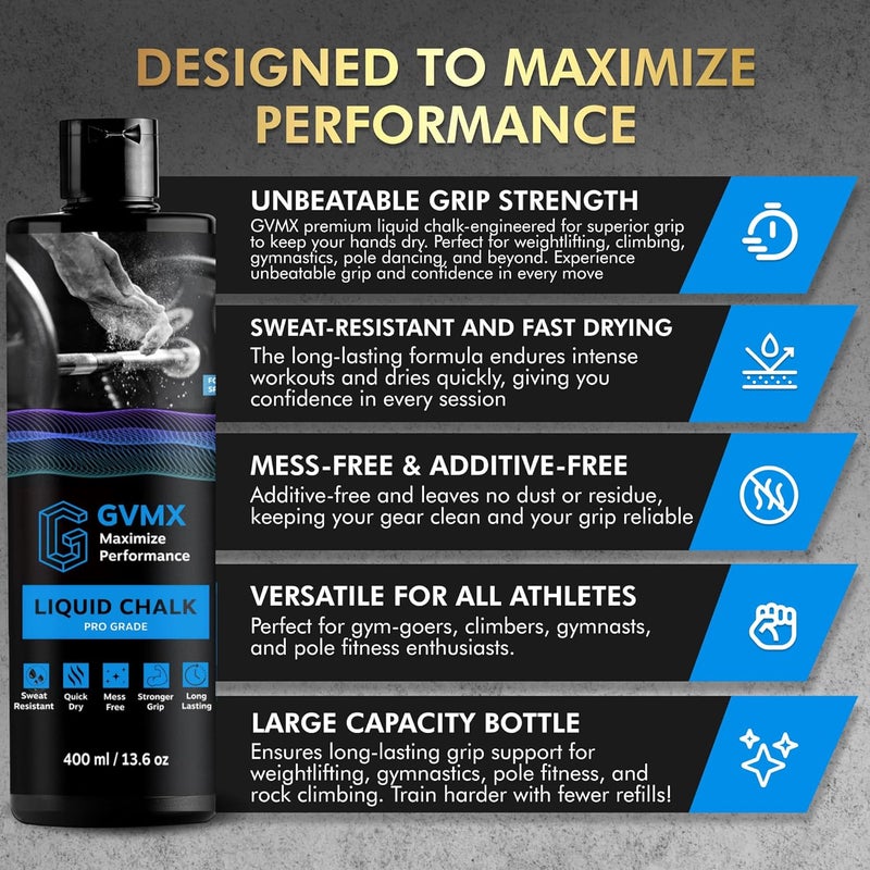 GVMX 50ML/100ML/400ML Superior Grip Premium Liquid Chalk. Long Lasting Mess-Free Gym Chalk for Weightlifting, Gymnastics, Climbing. Fast Drying Refillable Gym Accessories. Package May Vary. - Image 2